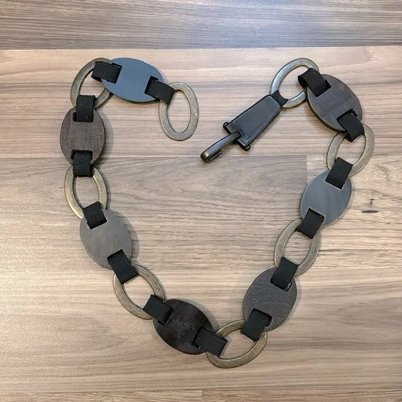 Suzi Rohrer Vintage Oval Brass Links Wood Grain Look Hip Stretch Adjustable Belt - Picture 4 of 14